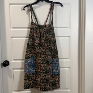 NATURAL LIFE Olive Green Floral Sundress with Pink Flowers and Blue Pockets